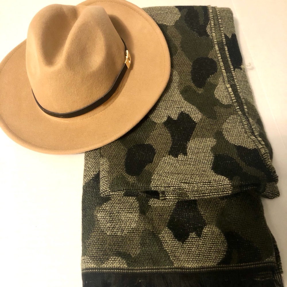 “NEW” beige fedora Hat and camouflage scarf set